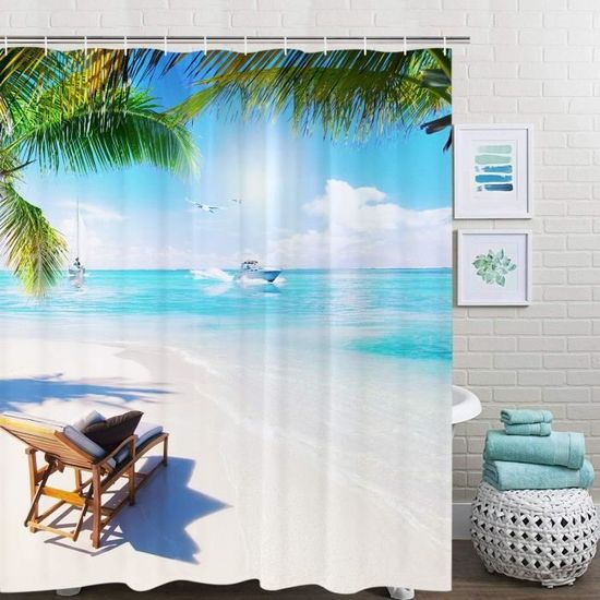 Chickw1 Anti Moisissure Rideaux De Douche Et 12 Crochets, 3D Vague De Plage Cocotiers Imprimé Rideaux Pour Salle De Bain Douche (180x200cm,Coconut Grove