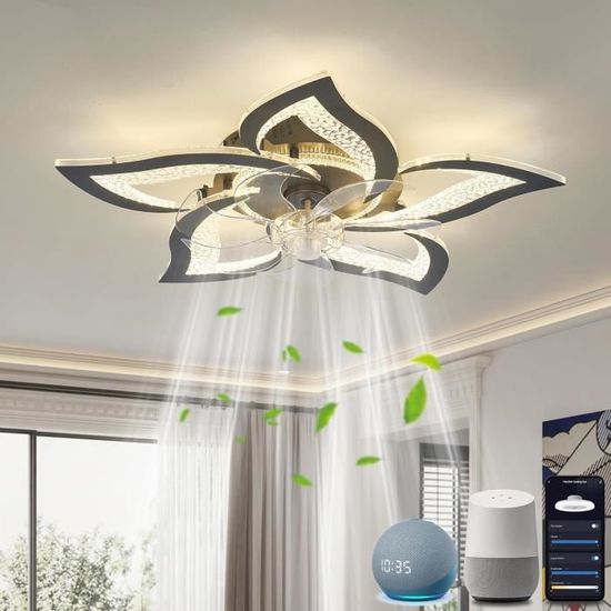 Alexa Smart Ventilateur Plafond Avec Lumiere Réversible Dimmable LED Plafonnier Avec Ventilateur Et Télécommande Silencieux DC Ceiling Fan With Light 6 Vitesses Chambre Grande Pour Salon-White