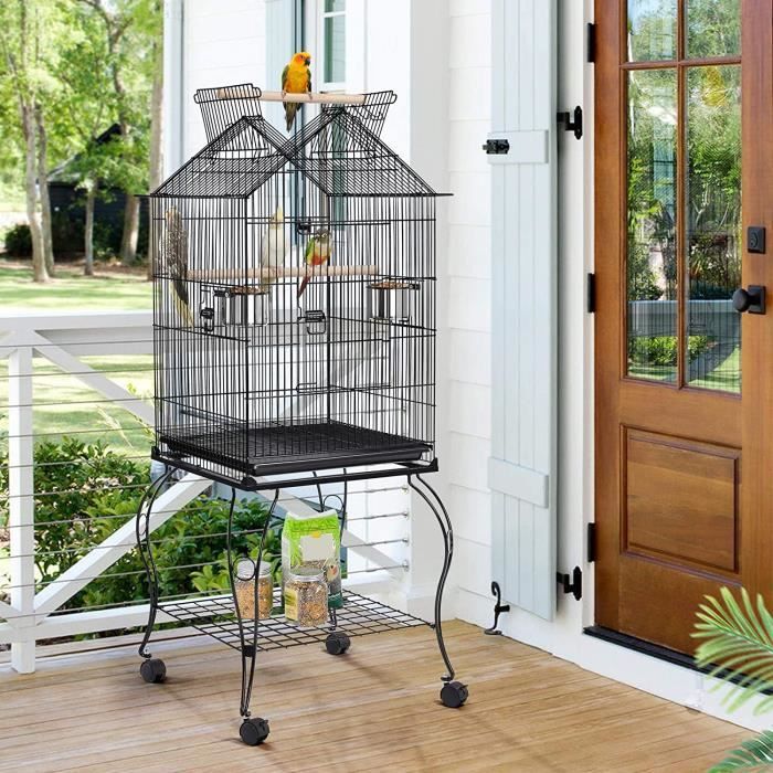 YIS Cage Oiseaux Portable Toit Ouvrable Design, Volière en Métal à Roulettes - 2 Mangeoires / 2 Perchoirs - Noir 59 x 59 x 145 cm