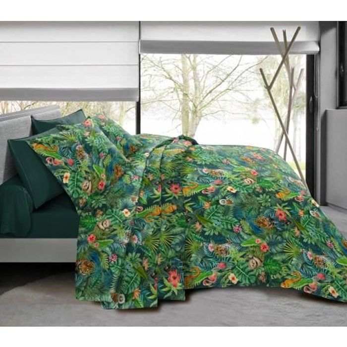 Pack complet Jungle Vert housse de couette pour lit 90 x 190 cm 100% coton / 57 fils/cm²