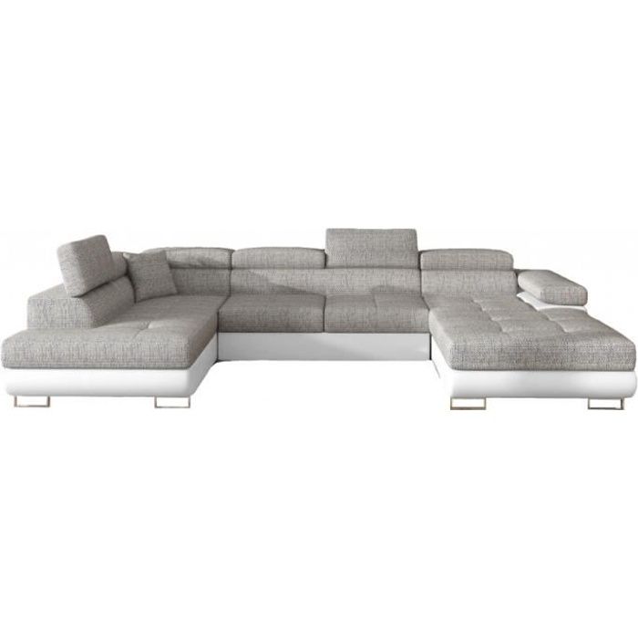 Canapé Design Convertible Panoramique U Rodrigo - Gauche - Tissu gris clair - PU blanc