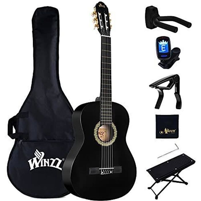 Winzz Guitare Classique Adulte Débutant avec 7 Accessoires – Pack Guitare 4/4 Cordes en Nylon   Noir Brillant 39 Pouces