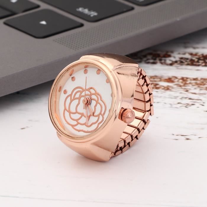 Ashata Montre de bague Montre à anneau de doigt Cadran rond Motif de fleur rose Montre à quartz pour femme (or rose)