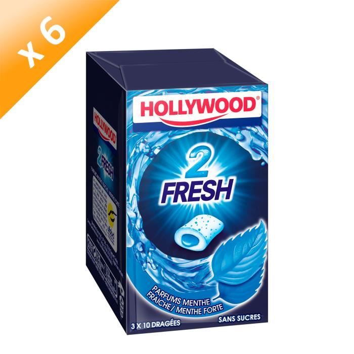Hollywood 2Fresh chewing-gum menthe fraîche sans sucres 30 dragées - LOT DE 6