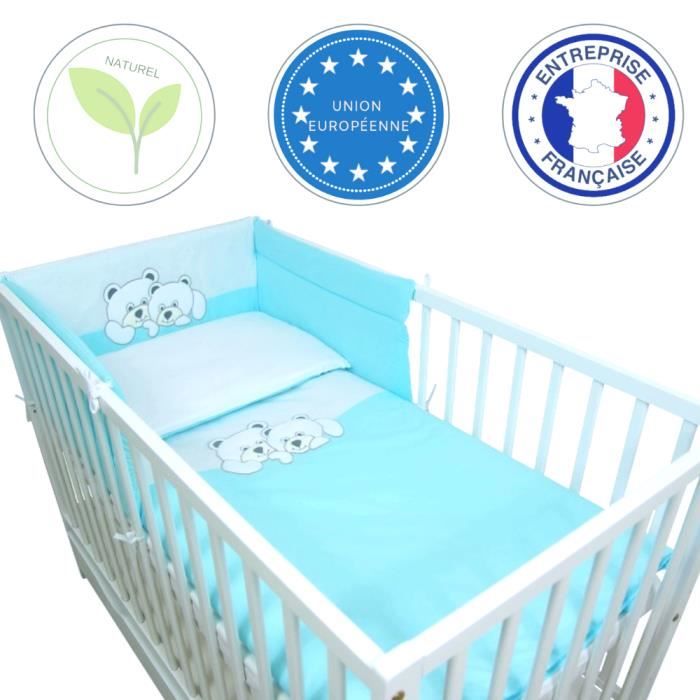 Callyna®- Set 3 pcs linge lit bébé: tour de lit, housse de couette, taie. Pur coton, fabriqué en UE. 2 Oursons Turquoise Blanc