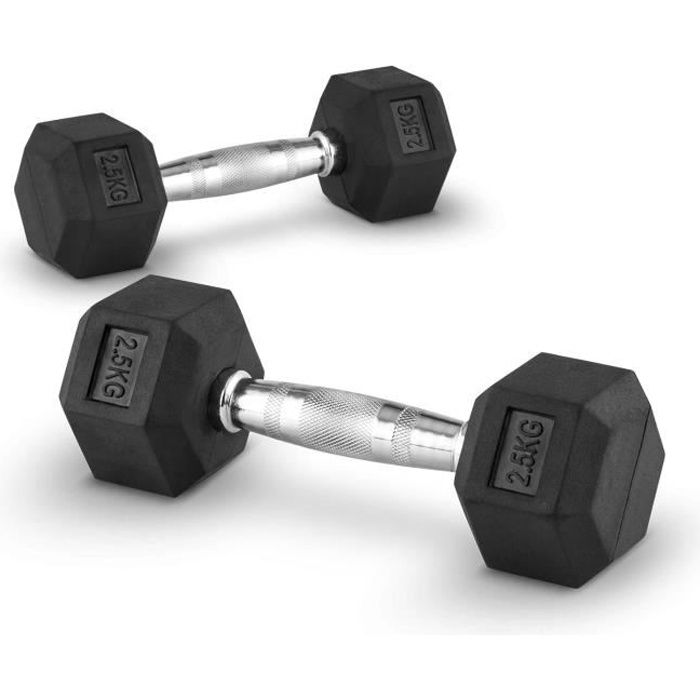 CAPITAL SPORTS Hexbell - Paire d'haltères courts pour musculation, cross-training… (caoutchouc résistant , prise chromée) - 2x 2,5kg