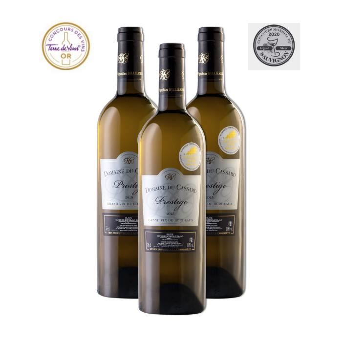 Domaine du Cassard Prestige - Blaye Côtes de Bordeaux Blanc- Médaille d’Argent au concours du sauvignon 2020 - Lot de 3 bouteilles