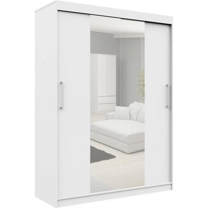 HELIA - Armoire à portes coulissantes + grand miroir - 200x150x60cm - Grande armoire - Penderie - Blanc