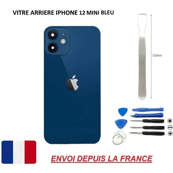 ITECHFRANCE® vitre arrière compatible IPHONE 12 MINI BLEU 5.4 qualité origine en verre, coque cache batterie double face Adhésif,MET