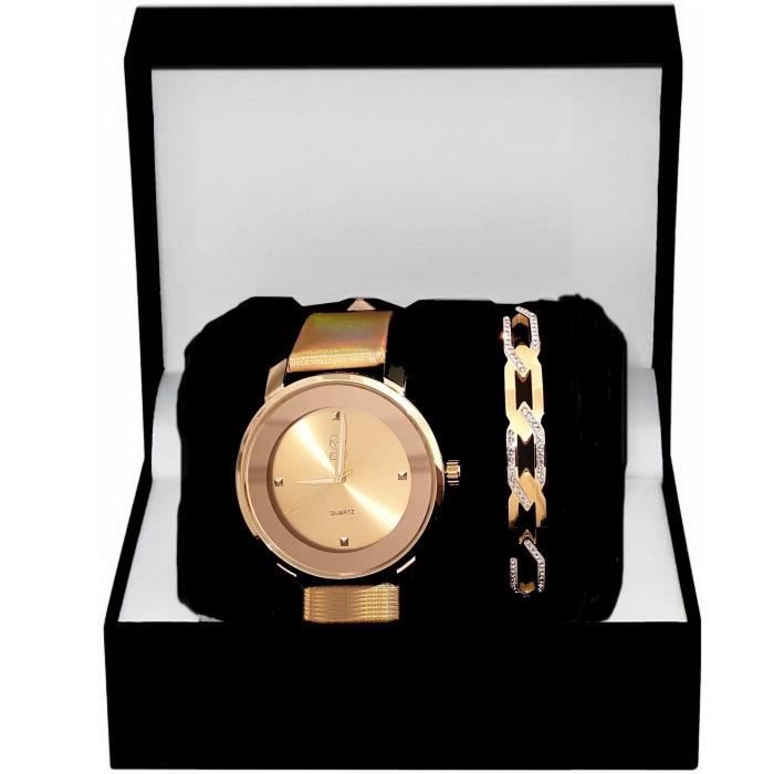 Coffret Cadeau Montre Femme + Bracelet Bijoux Diamants Argenté et Or, Montres quartz cuir doré , Très élégant