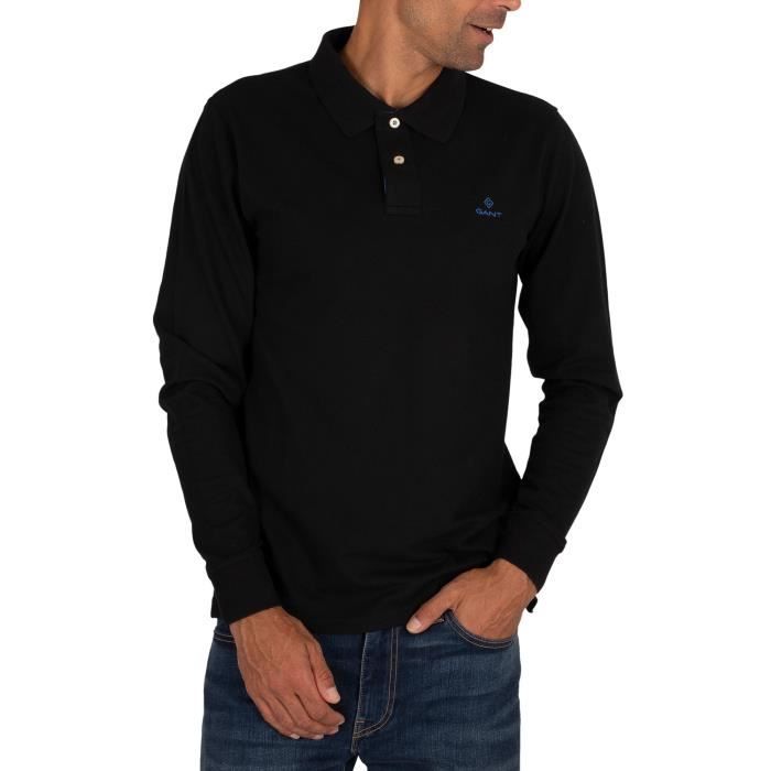 GANT Polo à manches longues en piqué à col contrastant, Noir, Homme