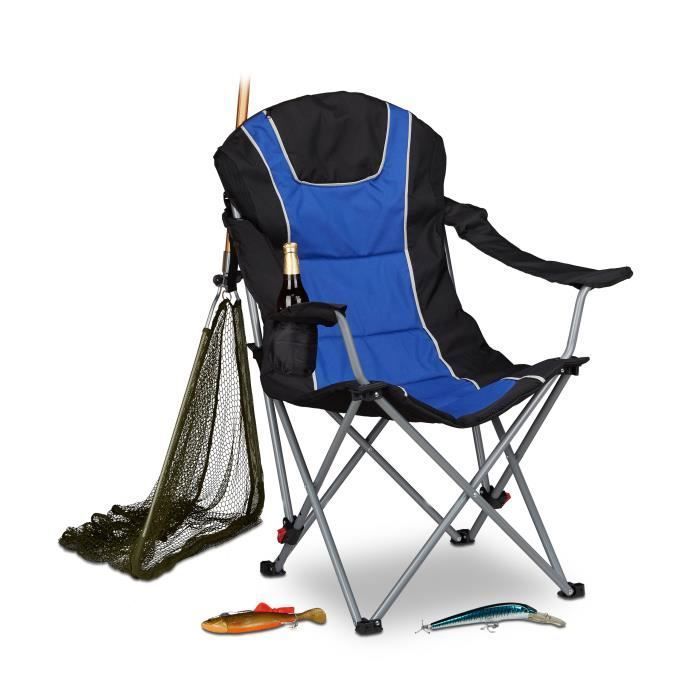 Relaxdays Chaise de camping pliable fauteuil de pêche rembourré avec porte-boissons dossier réglable HxlxP: 108 x 90 x 72 cm, bleu
