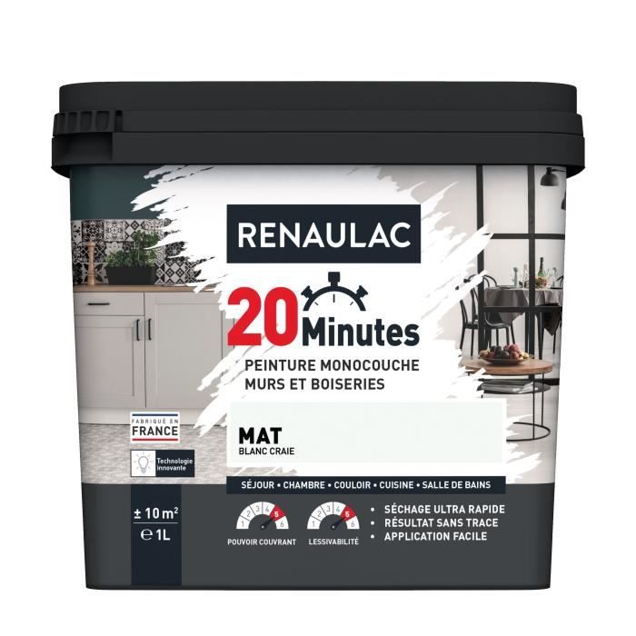 RENAULAC Peinture intérieur monocouche 20 Minutes murs et boiseries - 1L - 10 m² - Blanc craie Mat