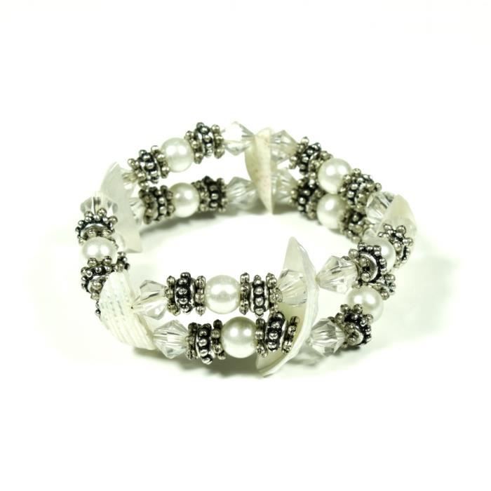 Bracelet élastique avec perles et nacre - blanc - RC003420