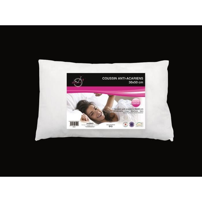Oreiller anti-acarien CONFORT 30x50 cm . Composition: enveloppe : Tissu non tissé garnissage: 100 % polyester fibre creuse