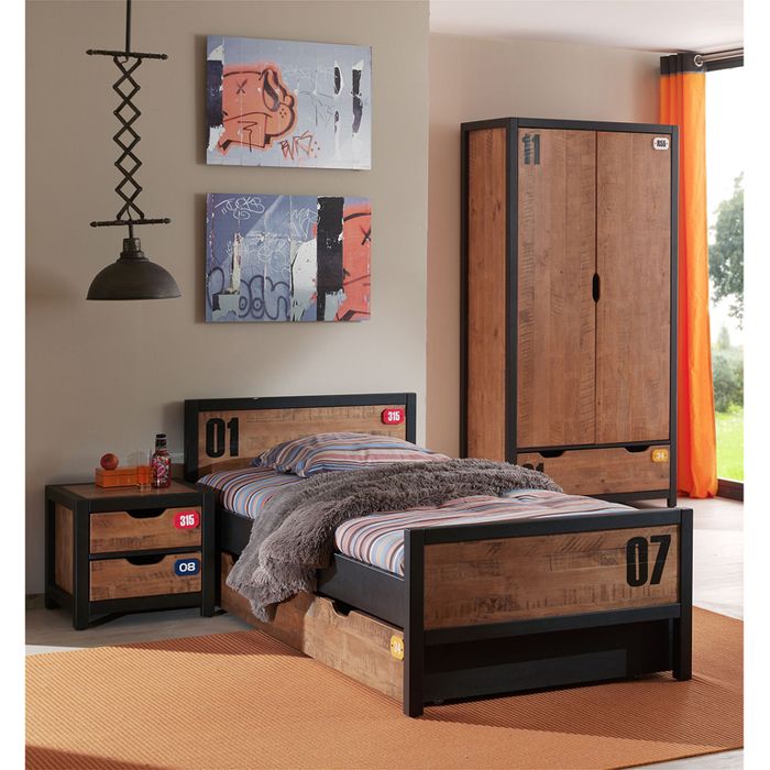 Lit 90x200 sommier inclus - Tiroir de lit - Chevet 2 tiroirs et Armoire 2 portes Alex - Noir et Bois