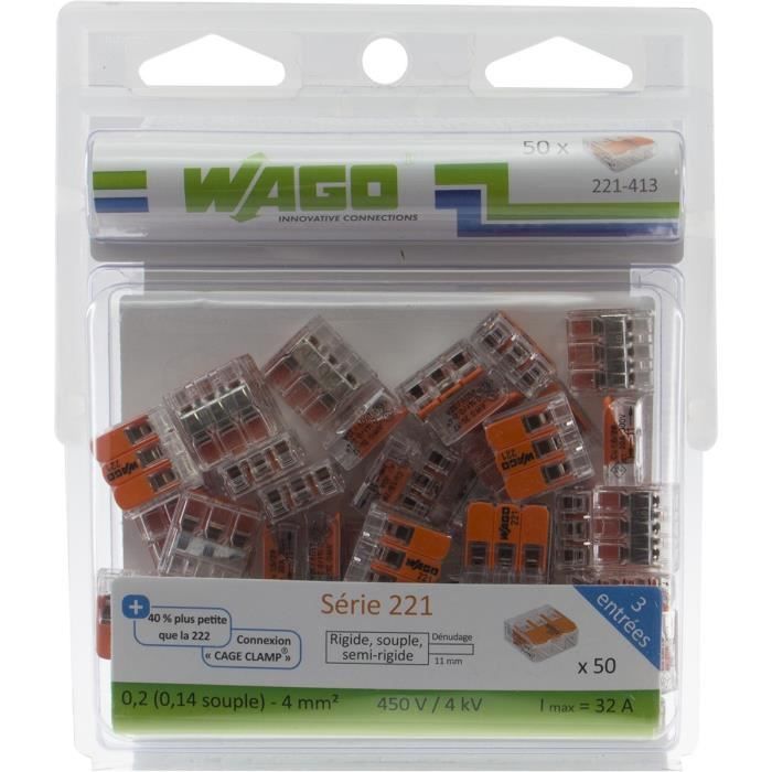 WAGO Pack de 50 Bornes de connexion universelle tous conducteurs - Type 221/ 3 entrées