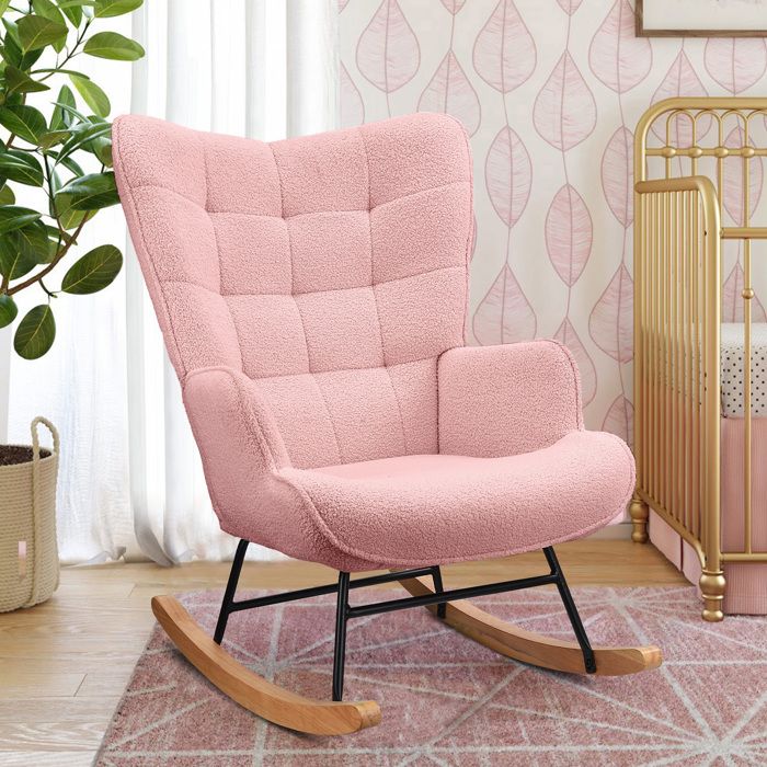 Fauteuil à Bascule - TANANT - Scandinave - Tissu Teddy - Pieds en Bois - Capacité 150 kg