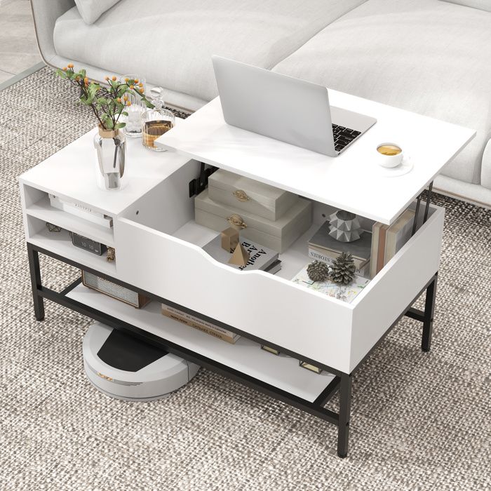 COSTWAY Table Basse avec Plateau Relevable Compartiment Caché et Etagère de Rangement Amovible pour Chambre Salon Bureau Blanc