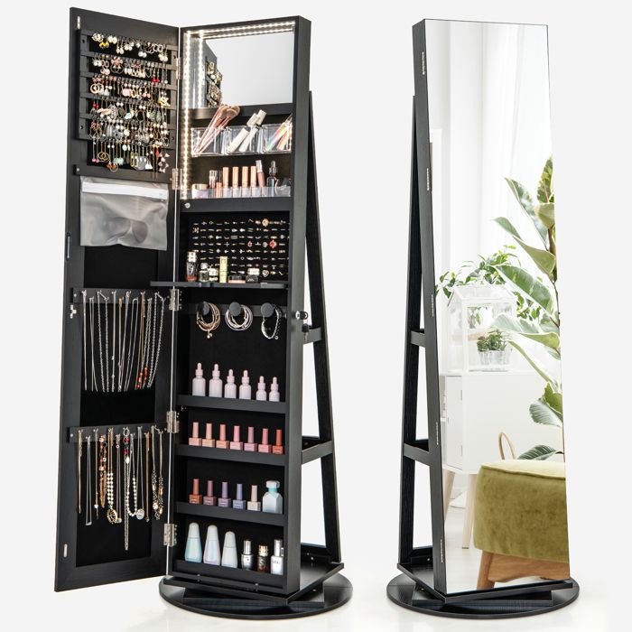 COSTWAY Armoire à Bijoux Pivotante à 360° sur Pieds Lumières LED 3 Couleurs Etagères de Rangement Arrière Etagère Pliable Noir