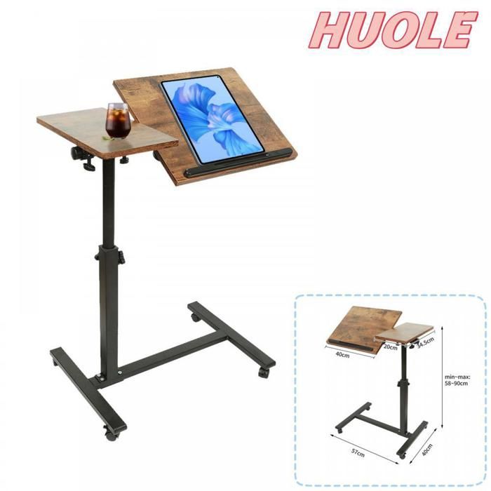HUOLE Table Pour Ordinateur Portable Réglable En Hauteur 60x34.5cm - Bureau Mobile Sur Roulette Bois
