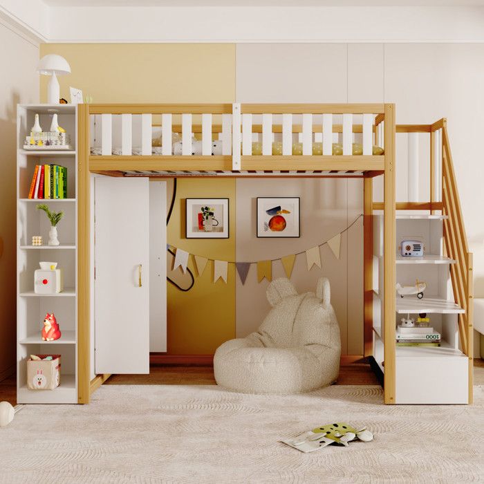 Lit mezzanine 90x200cm avec étagères armoire de rangement et grande penderie Lit  enfant avec compartiments de rangement