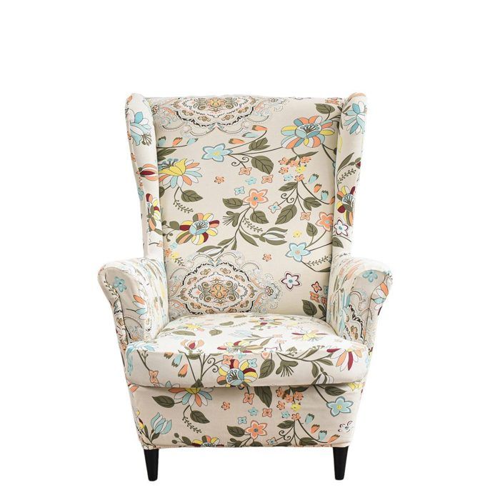 Housse de fauteuil - AUCUNELY - Feuillage - Extensible - Pour fauteuils à oreilles - Gris