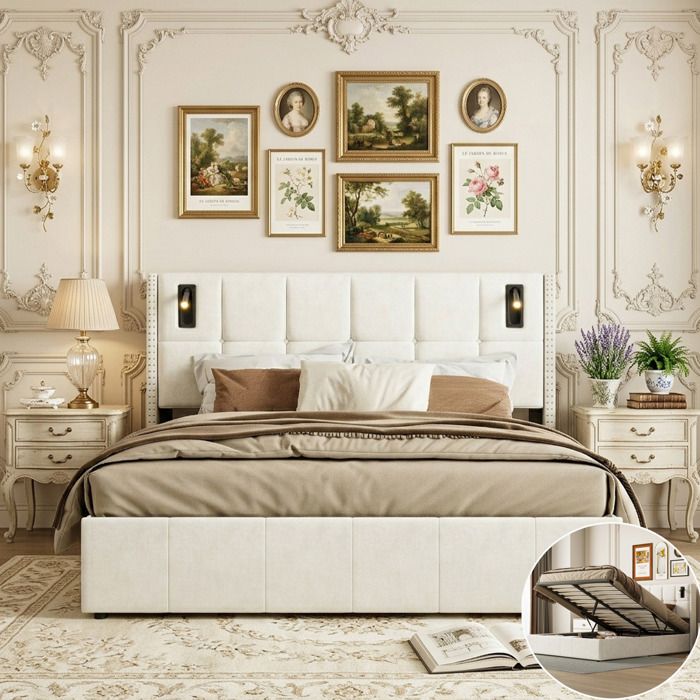 Lit 160 x 200 cm avec liseuse et charge USB lit coffre avec fonction de rangement lit 2 Personnes lit adulte velours beige