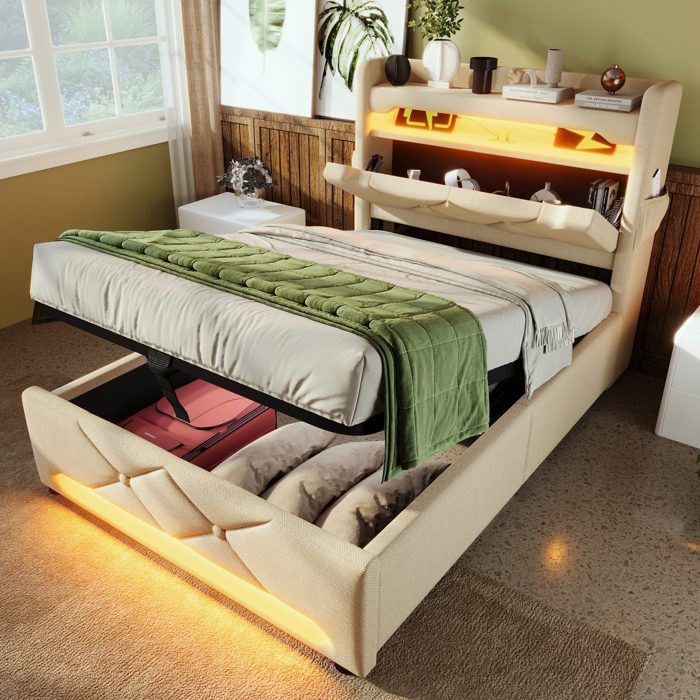 Lit simple rembourré 90x200cm avec LED lit coffre avec ports USB et Type-C lit hydraulique avec espace de rangement beige lin