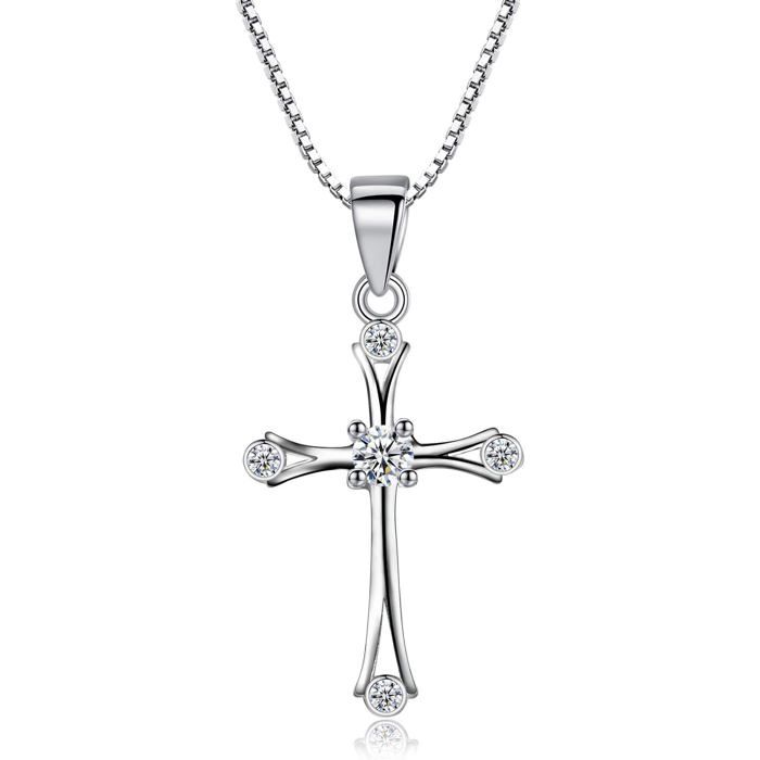 Collier Croix En Argent Sterling 925 Pour Femme - Pendentif 35,5x23,5mm, Chaîne 22+5cm, Boîte Cadeau