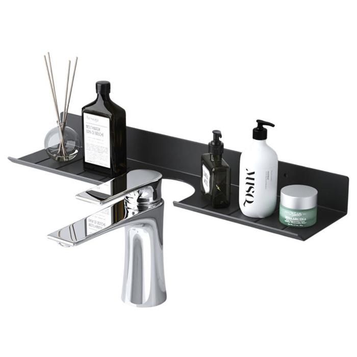 Porte-accessoire mural de salle de bain 50 cm - Avec découpe pour robinet - Sans perçage - Aluminium - Étagère de rangement - Noir
