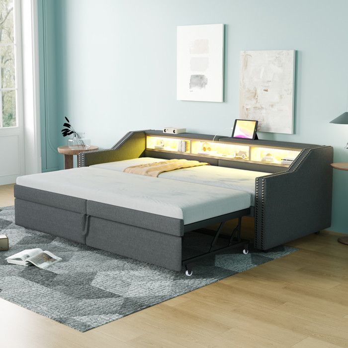 Canapé-Lit Convertible 90/180x200 cm avec LED et USB Cadre de Lit Adulte avec Rangement Lit Double Rembourré Gris Foncé