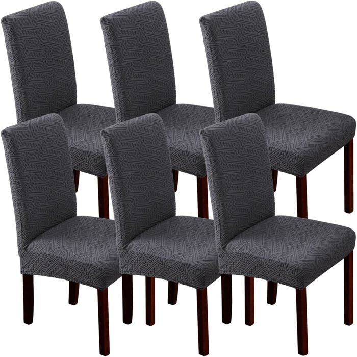 6PCS Housse Chaise Salle À Manger Moderne Élastique Extensible Jacquard Géométrie Abstraite Gris Foncé