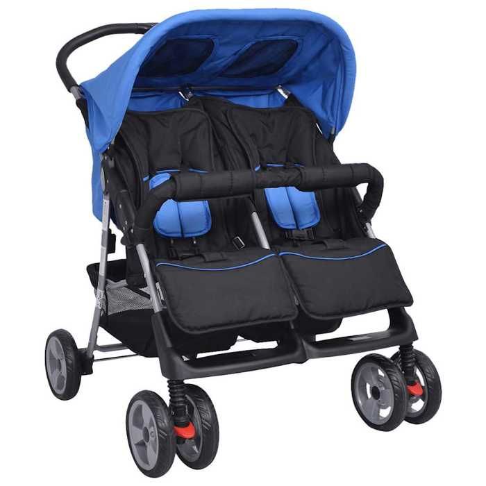 Poussette double - vidaXL - Acier - Bleu et noir - Dossier réglable - Roues verrouillables