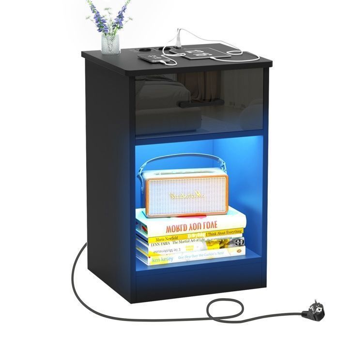 Table De Chevet LED Meuble Multifonction Salon Table D'appoint Avec Chargeur USB - 2 Prises 2 Ports USB - 2 Tiroirs - 60x30x61cm Marron Table Chevet Chargeur Usb Table D'appoint Salon Chambre Multifonction