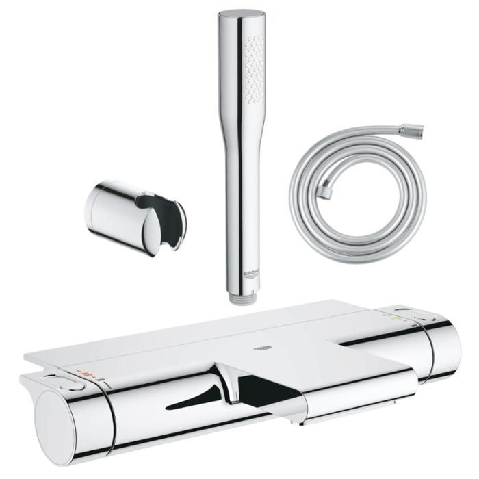 Grohe Pack mitigeur bain thermostatique Grohtherm 2000 + Douchette 1 jet Vitalio Get Stick + Flexible et support de douche