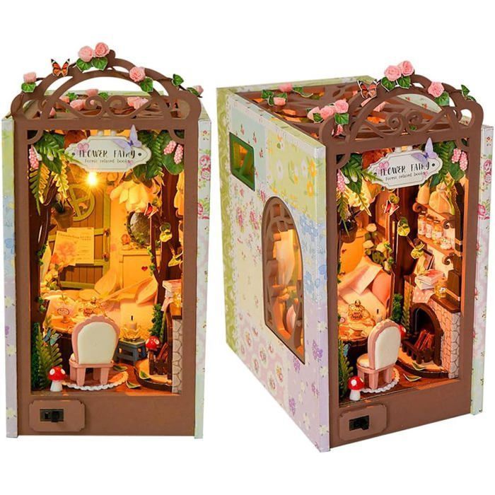 Book Nook - Puzzle 3D en bois - Maison de poupée avec LED DIY Bookend - Crafts Hobbies Gifts (maison de fleurs de fée) ODIPIE