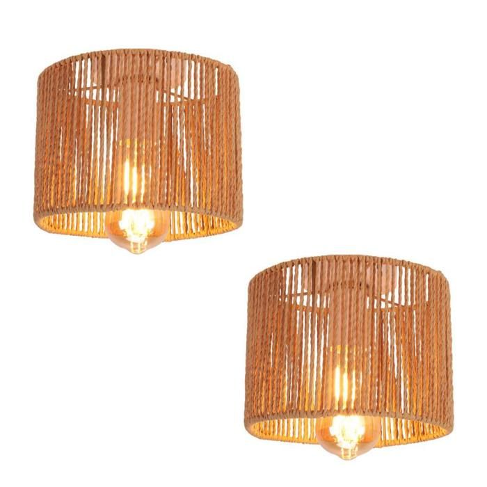 WOTTES Lot de 2 Plafonnier Vintage Lustre Industriel en Rotin Marron et Métal Cage Abat-jour Lampe de Plafond pour Salon (Ø20cm)