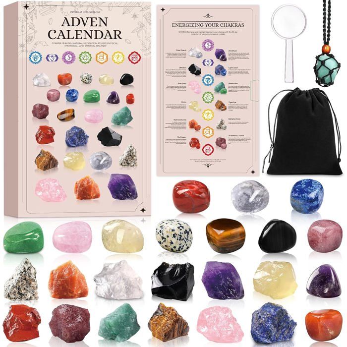 Calendrier de l'Avent 2025 Cristaux Pierres Précieuse, 24 Jours Calendrier de l Avent Femme Homme Cristaux Pierre et Minéraux, Gemmes Calendrier Avent Cadeau de Noël pour Enfant Fille Garçon