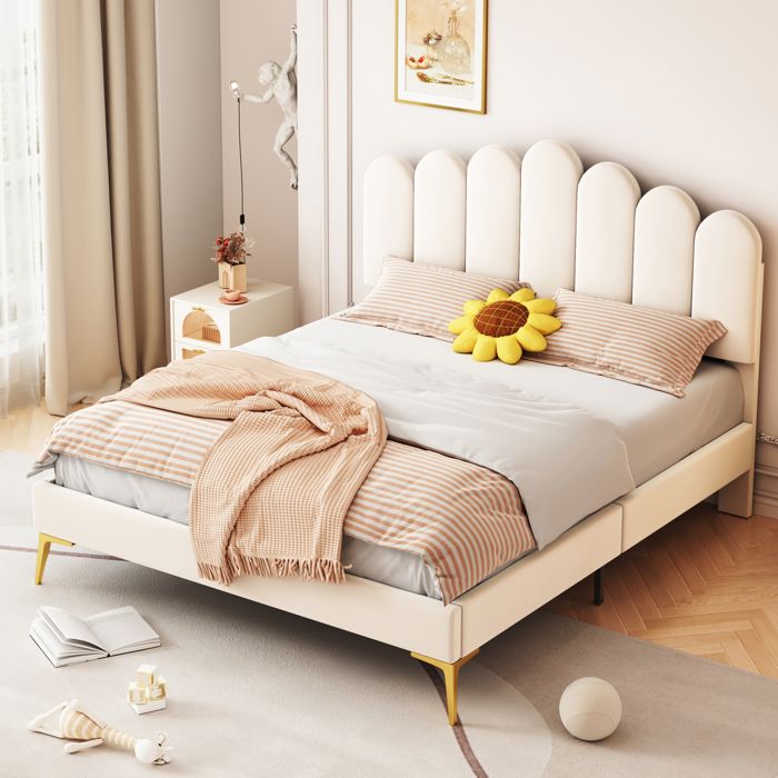 Lit Double 140x200 Cm Avec Tête De Lit En Velours Pétale Incurvée - Design Moderne Et Antidérapant - Beige