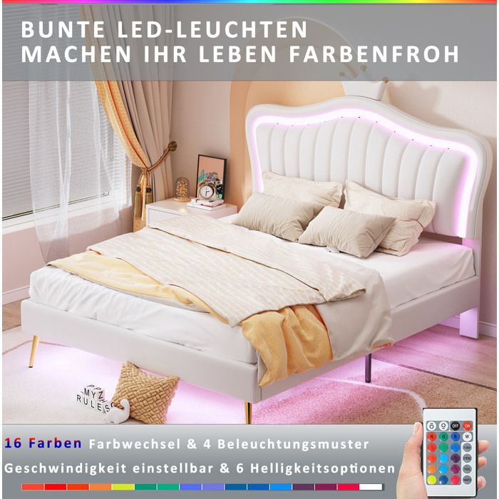 Lit capitonné adulte 140x200 cm . avec lumière LED. décoration en forme de couronne. PU. blanc (sans matelas)