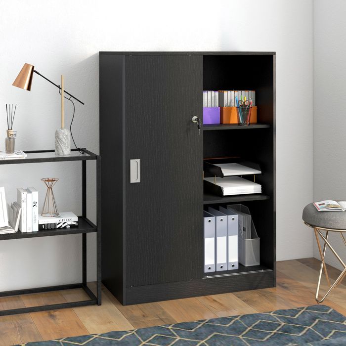 Armoire de bureau - AKOZON - 7764 - 2 portes coulissantes verrouillables - 2 étagères - 80x40x120 cm