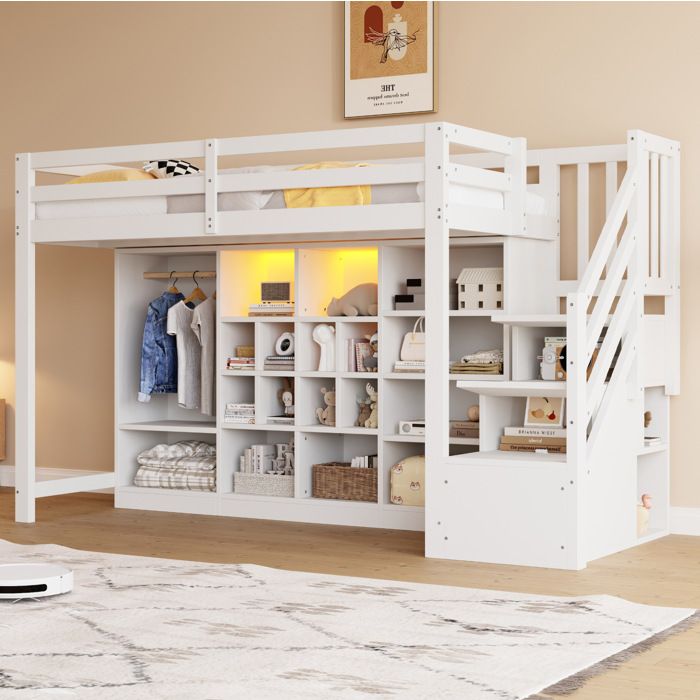 Lit mezzanine 90x200 cm avec rangements intégrés. armoire et étagères. échelle latérale. LED. bois blanc
