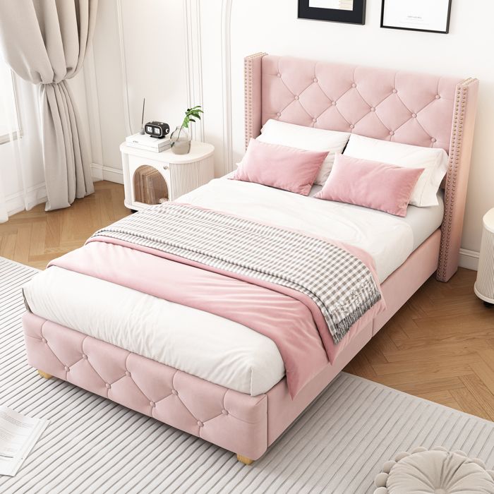 Lit Simple 90x200 cm Lit Rembourré avec Sommier à Lattes et Tête de Lit Velours Sans Matelas Rose