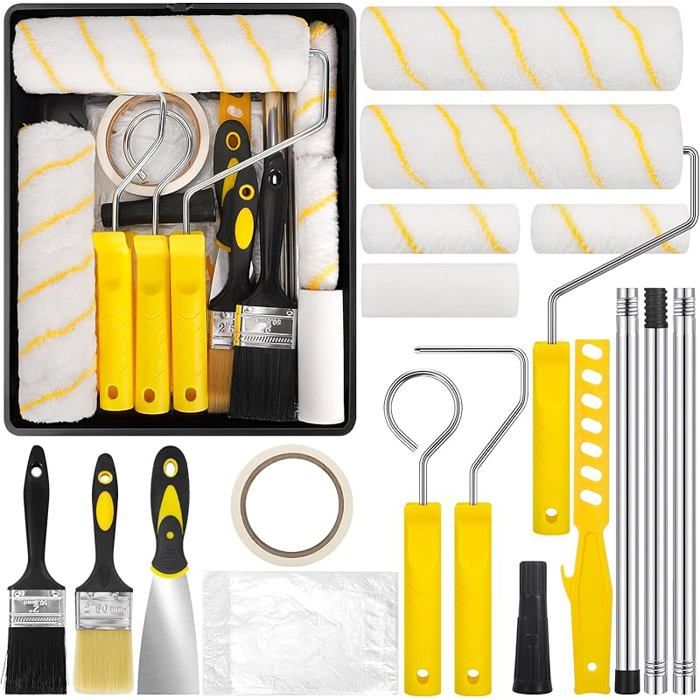 Kit de 19 Pièces Comprenant Rouleaux à Peinture Bacs à Peinture Supports pour Rouleaux Pinceaux RRuban Adhésif  ROULEAU DE PEINTURE