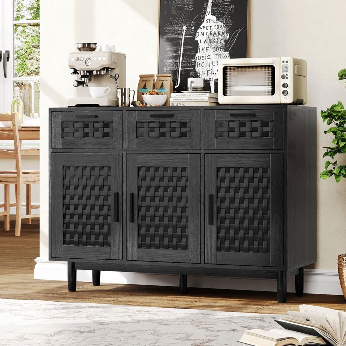 Buffet 107 9 x 40 x 80 cm 3 portes et 3 tiroirs effet rotin bois noir rangement cuisine/salle à manger stable anti-basculement