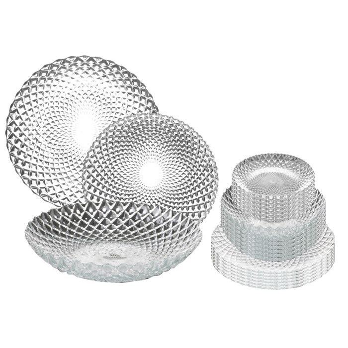 Service de table 18 pièces en verre effet rosaces diamants - Assiettes Toutes en Verre