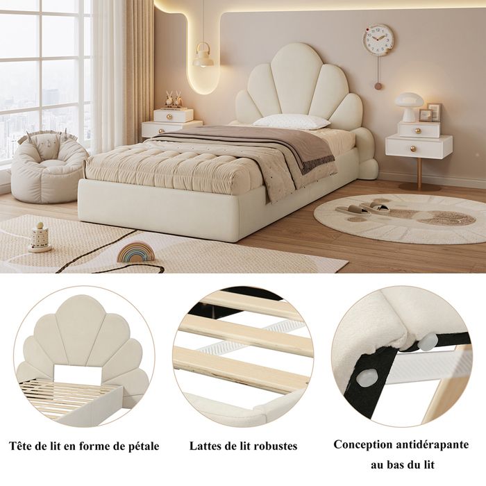 Lit rembourré lit simple 90x200cm- tête de lit avec pétales courbés- velours- beige- sans matelas Lit rembourré lit simple 90x200cm- tête de lit avec pétales courbés- velours- beige- sans matelas
