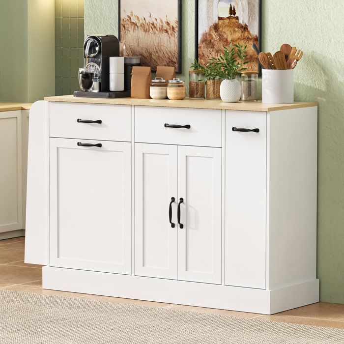 Buffet Blanc - avec Compartiment Poubelle et Étagères Épices - Meuble de Rangement Cuisine et Salle à Manger - 1335 x 40 x 86 cm Buffet Blanc - avec Compartiment Poubelle et Étagères Épices - Meuble de Rangement Cuisine et Salle à Manger - 1335 x 40 x 86 cm