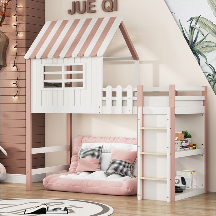 Lit enfant cabane rose 90×200 cm sommier inclus échelle de sécurité bois massif sans matelas